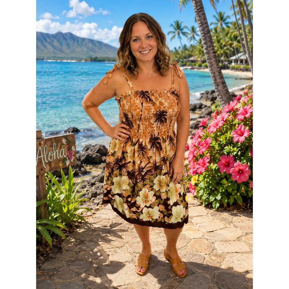 Hibiscus Collection Hawaii Smocked Tropical Palm Print Rayon Sun Dress One Size